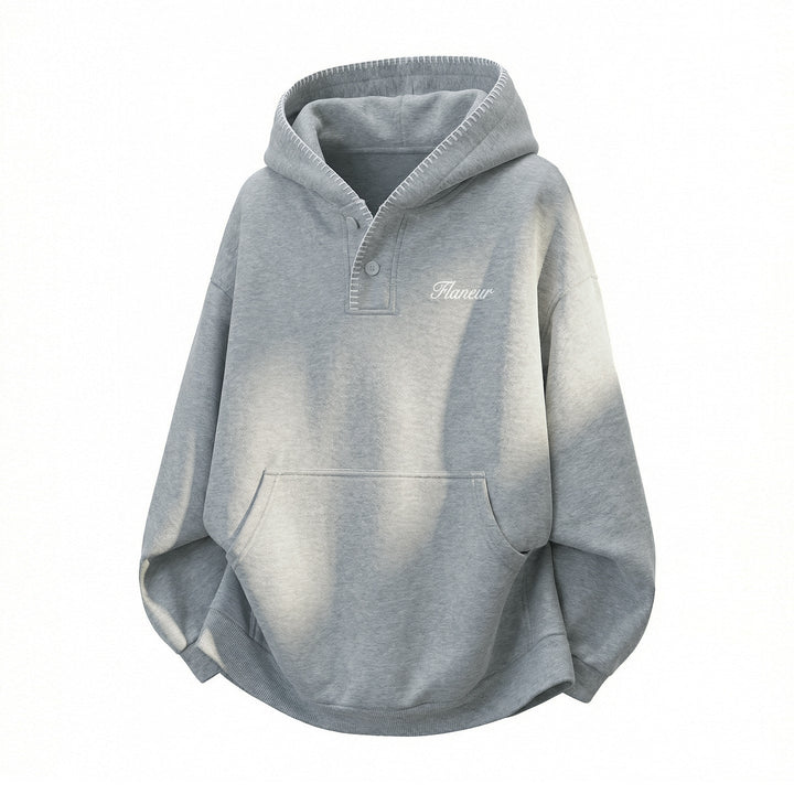 Unisex Oversize Hoodie with Kangaroo Pocket, Half Button Placket, and Decorative Stitch Hudson & Parker