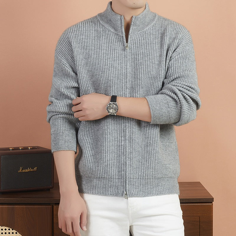 Men's Cozy Zip Sweater made of Mohair Blend with Fine Rib Structure and Stand-Up Collar Hudson & Parker