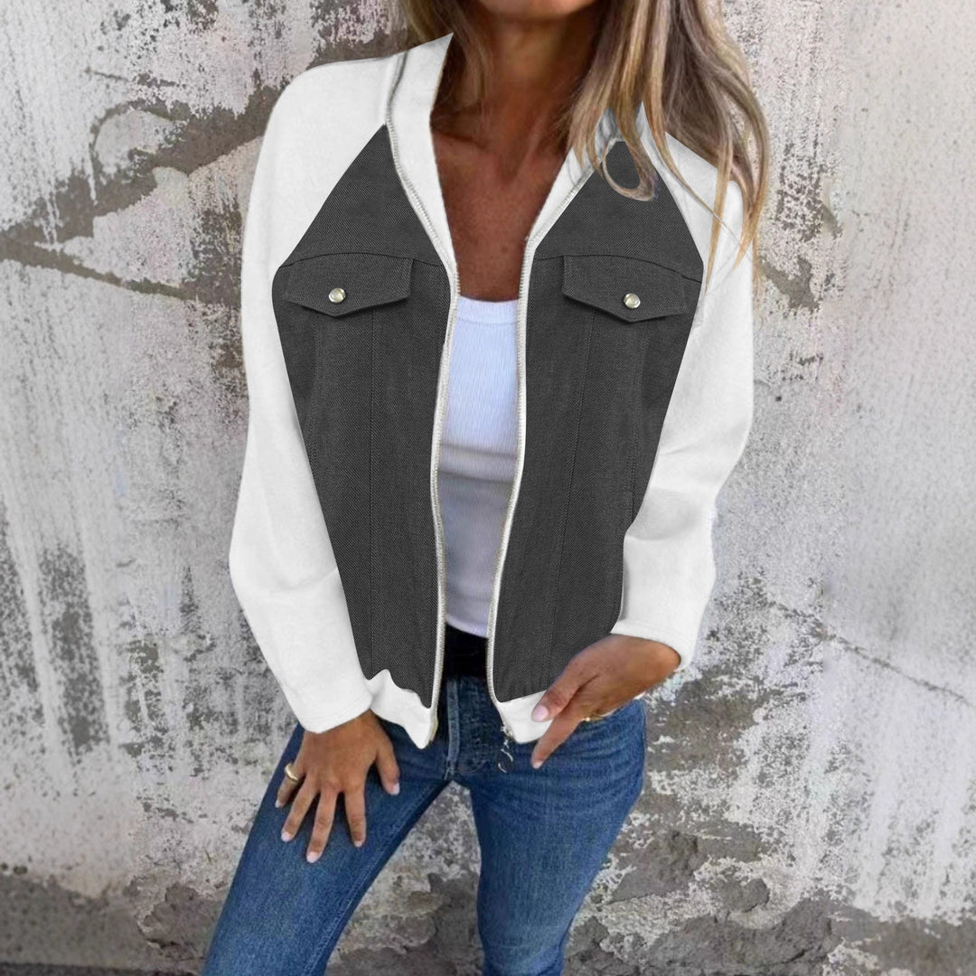 Women's Hooded Sweat Jacket with Denim Look Front, Chest Pockets and Zipper Hudson & Parker Fashion