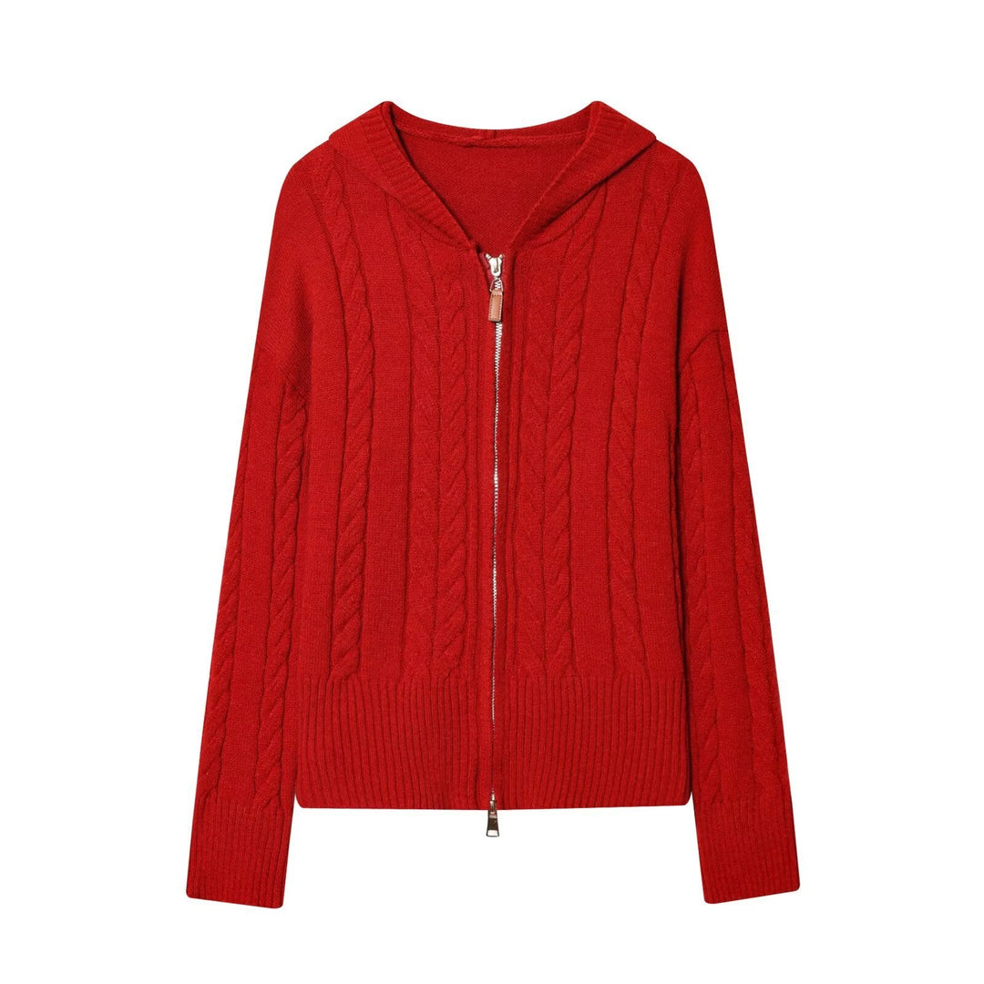 Ladies hooded cardigan with cable knit pattern and metal zipper Hudson & Parker