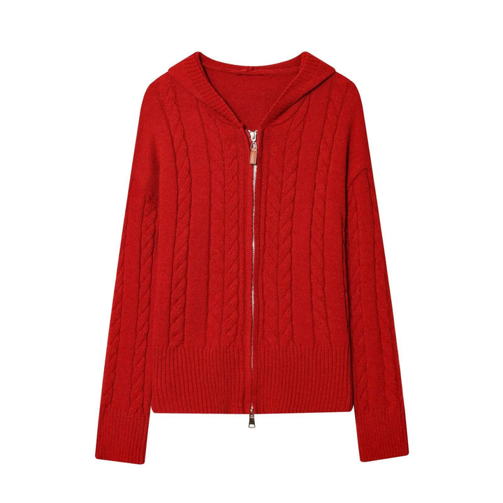 Ladies hooded cardigan with cable knit pattern and metal zipper Hudson & Parker