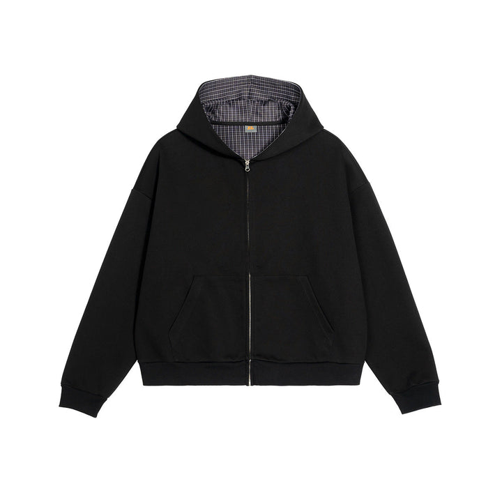 Unisex Short Cut Oversized Hoodie Jacket with Full Zipper, Checkered Lined Hood and Kangaroo Pocket Hudson & Parker