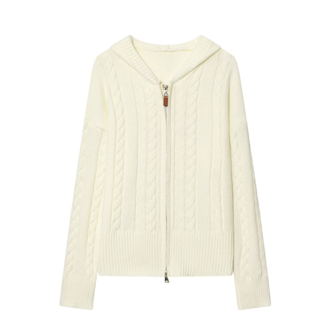 Ladies hooded cardigan with cable knit pattern and metal zipper Hudson & Parker