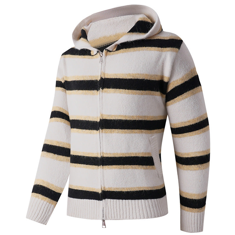 Men's Fluffy Hooded Cardigan with Double Zipper, Ribbed Cuffs and Horizontal Striped Pattern Hudson & Parker