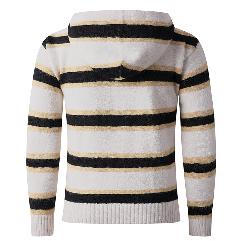 Men's Fluffy Hooded Cardigan with Double Zipper, Ribbed Cuffs and Horizontal Striped Pattern Hudson & Parker