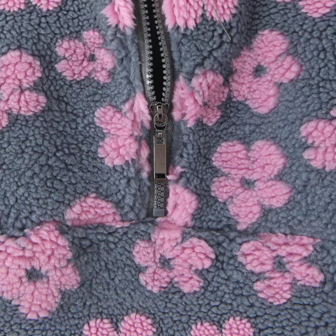 Ladies Teddy Fleece Hooded Jacket with Stand-up Collar, Floral Relief and Half Zip Hudson & Parker