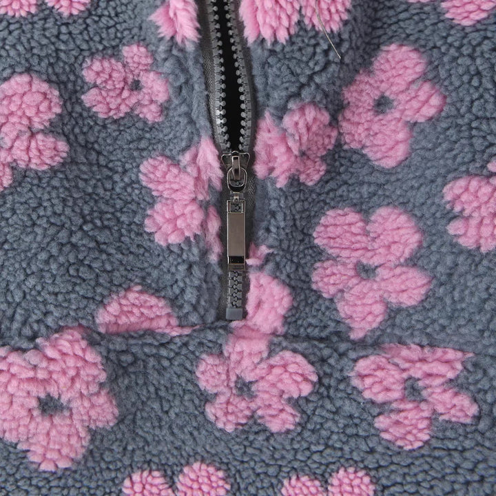Ladies Teddy Fleece Hooded Jacket with Stand-up Collar, Floral Relief and Half Zip Hudson & Parker