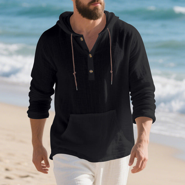 Men's lightweight hooded henley made of linen- blend with kangaroo pocket and button placket Hudson & Parker