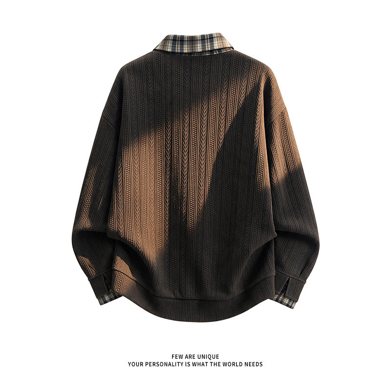 Men's layered look pullover with integrated check shirt collar Hudson & Parker