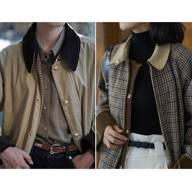 Men's short field coat with cord collar, snap button placket and patch pockets.
