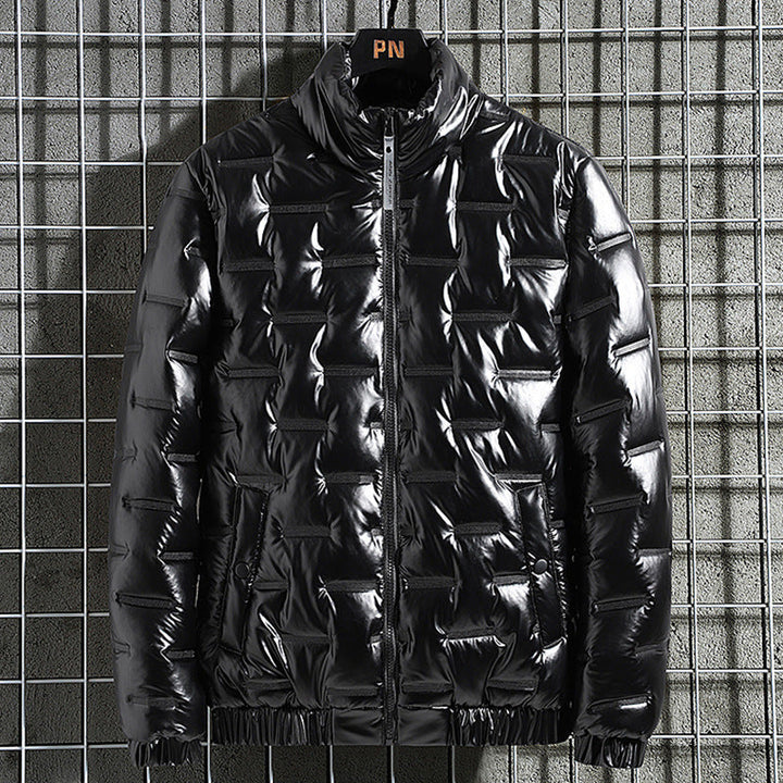Men's Shiny Quilted Jacket with Geometric Quilting and Stand-up Collar Hudson & Parker