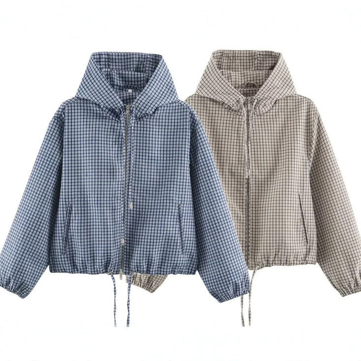 Women Checked Cropped Hoodie with Drawstring Hem and Two-Way Zip Hudson & Parker