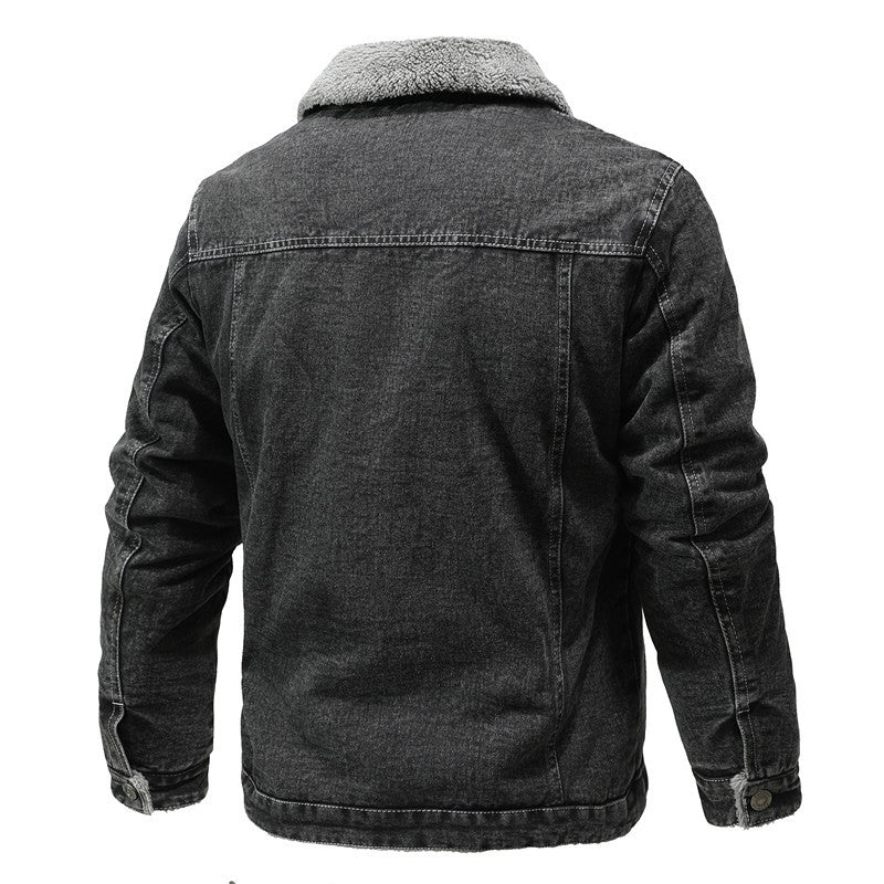 Men's washed denim worker jacket with teddy lining and inset side pockets Hudson & Parker