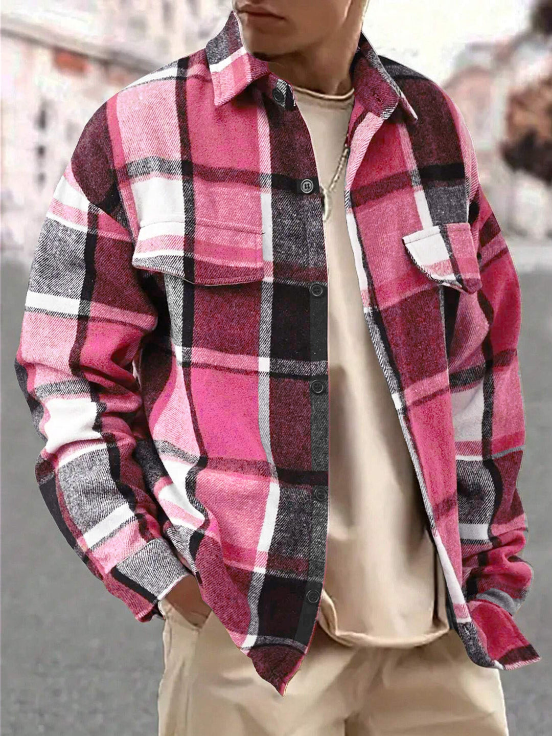 Men's oversized check shirt jacket made of soft flannel with patch chest pockets Hudson & Parker