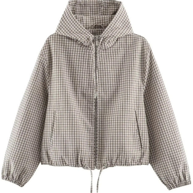 Women Checked Cropped Hoodie with Drawstring Hem and Two-Way Zip Hudson & Parker