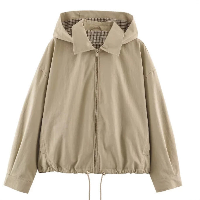 Women's Lightweight Hooded Jacket in Boxy Cut with Drawstring and Check Lining Hudson & Parker