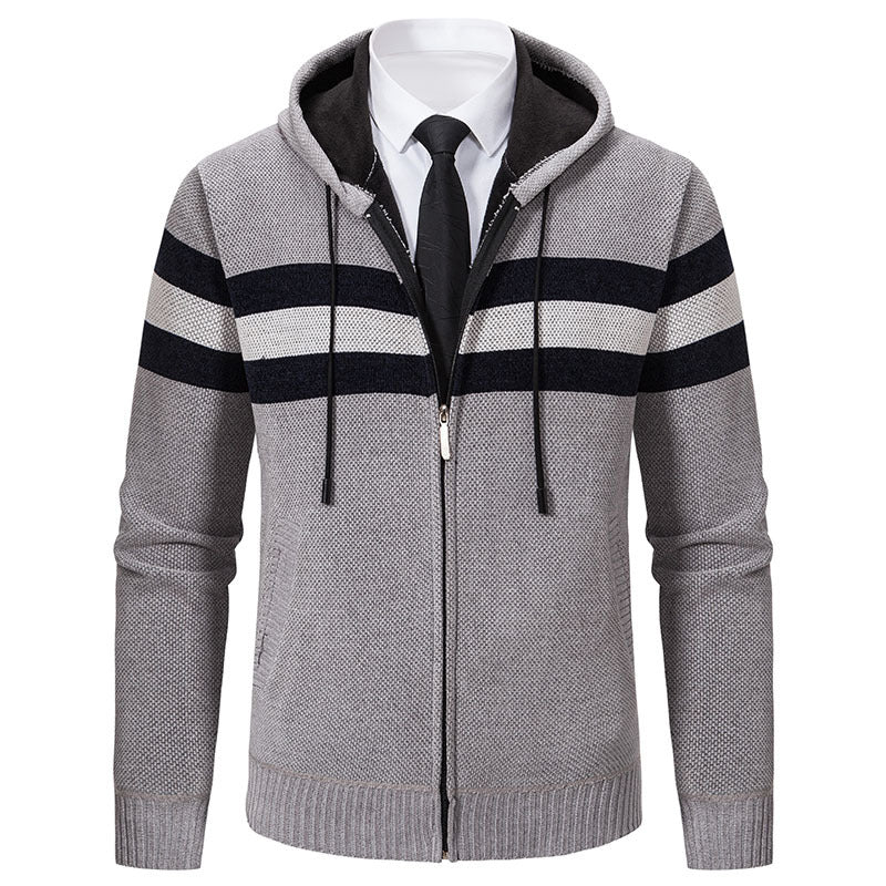 Men's Knitted Hooded Cardigan with Contrast Stripes and Zipper Hudson & Parker