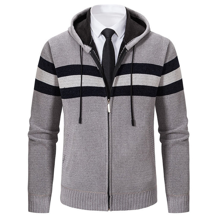 Men's Knitted Hooded Cardigan with Contrast Stripes and Zipper Hudson & Parker