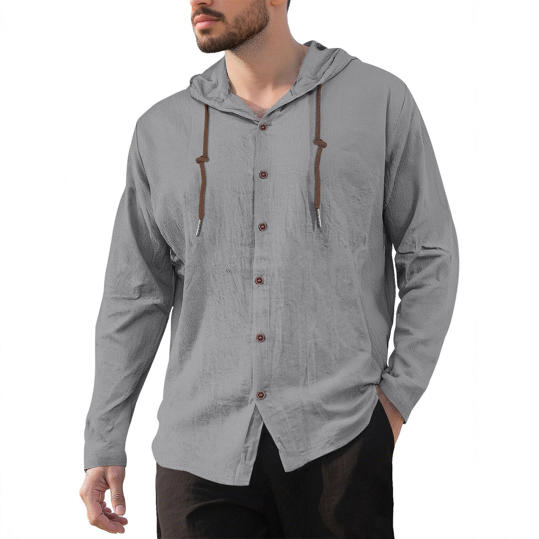 Men's textured linen blend hooded shirt with button placket, wood buttons, and side slits Hudson & Parker