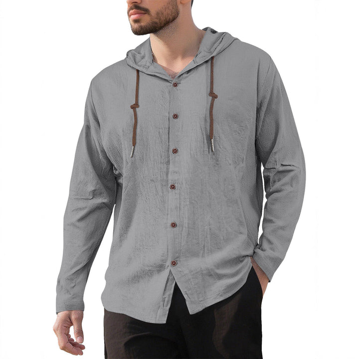 Men's textured linen blend hooded shirt with button placket, wood buttons, and side slits Hudson & Parker