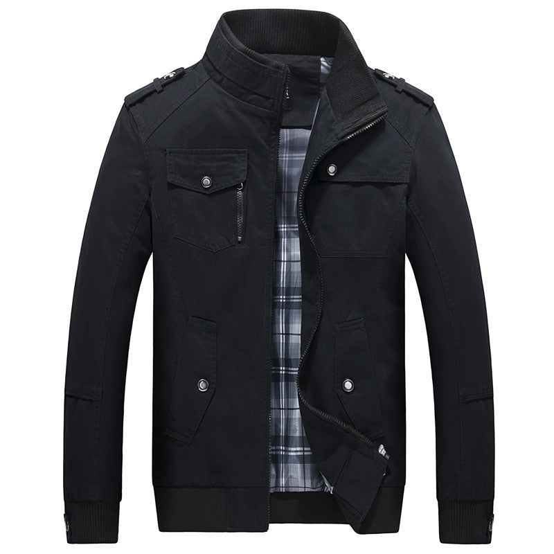Men's transitional jacket in field style with stand-up collar, epaulettes, and checkered inner lining Hudson & Parker