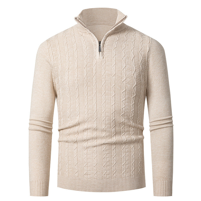 Men's Slim Fit Half-Zip Structured Pullover made of Merino Blend with Cable Knit Pattern and Stand-Up Collar Hudson & Parker