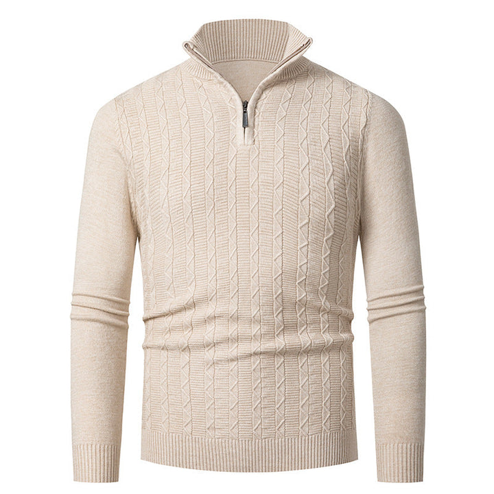 Men's Slim Fit Half-Zip Structured Pullover made of Merino Blend with Cable Knit Pattern and Stand-Up Collar Hudson & Parker