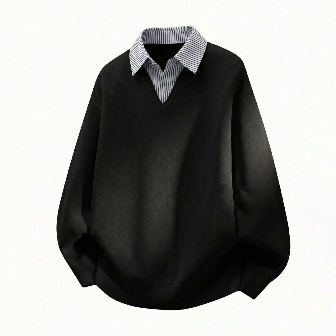 Unisex Oversized Sweater in Layered Look with Integrated Shirt Collar and V-Neck Hudson & Parker