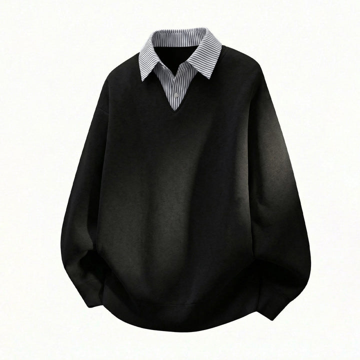 Unisex Oversized Sweater in Layered Look with Integrated Shirt Collar and V-Neck Hudson & Parker