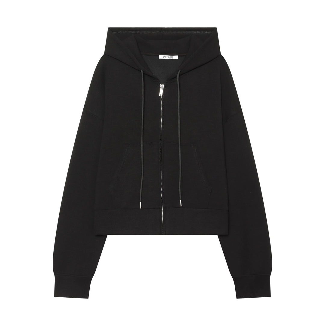 Women's Cropped Sweat Jacket with Metal Zip, Kangaroo Pocket and Oversized Hood Hudson & Parker