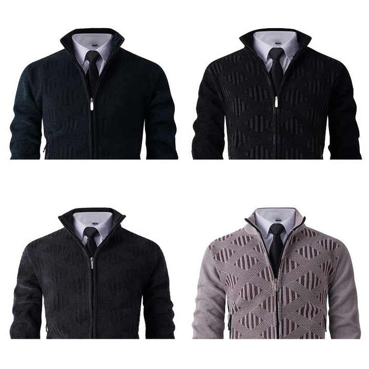 Men's Geometric Jacquard Zip Cardigan with Stand-Up Collar and Zipper Pockets Hudson & Parker