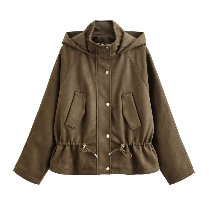 Women Short Hoodie Jacket in Parka Look with Drawstring Waist and Flap Pockets Hudson & Parker