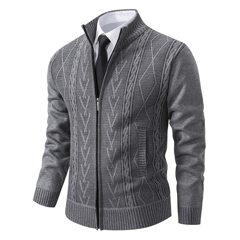 Men's fine-knit zip jacket with geometric jacquard pattern, stand-up collar, and side pockets Hudson & Parker