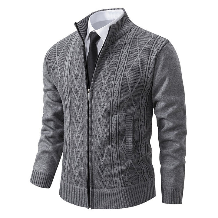 Men's fine-knit zip jacket with geometric jacquard pattern, stand-up collar, and side pockets Hudson & Parker