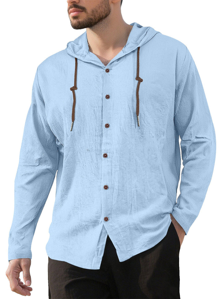 Men's textured linen blend hooded shirt with button placket, wood buttons, and side slits Hudson & Parker