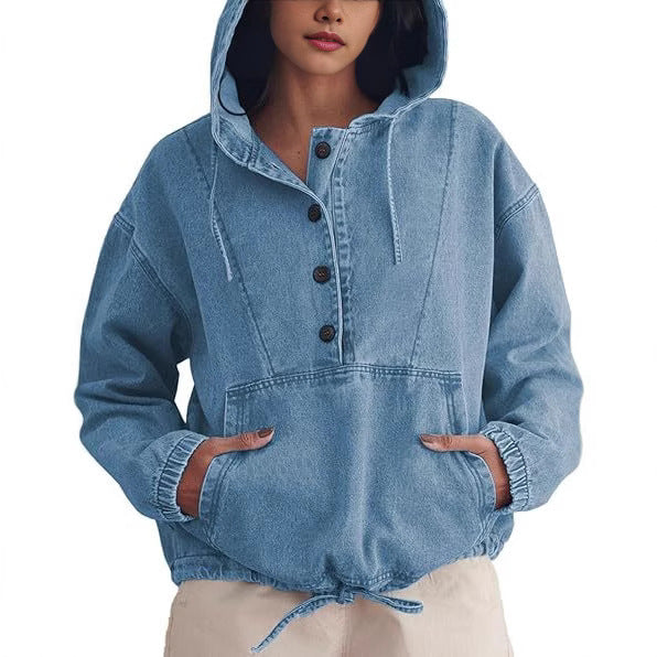 Women's denim hoodie with half button placket, kangaroo pocket, and drawstring hem Hudson & Parker