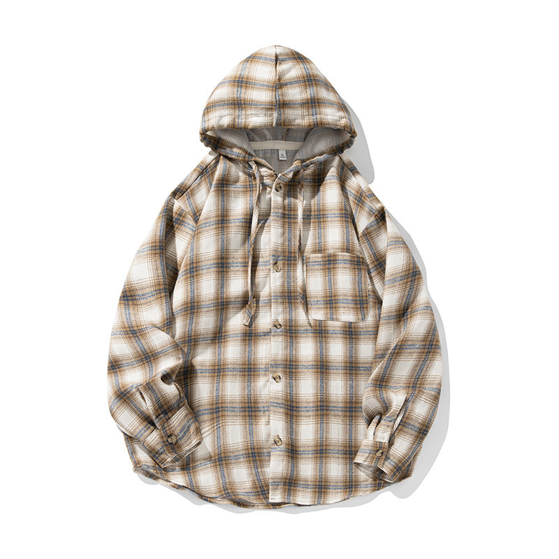 Unisex Oversized Hooded Flannel Shirt with Checkered Pattern, Continuous Button Placket and Breast Pocket Hudson & Parker