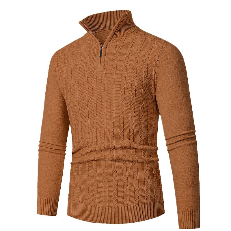 Men's Slim Fit Half-Zip Structured Pullover made of Merino Blend with Cable Knit Pattern and Stand-Up Collar Hudson & Parker
