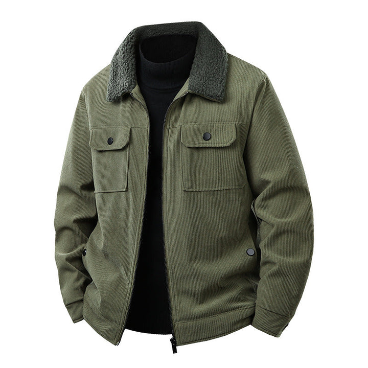 Men's cord work jacket with sherpa collar, concealed zipper, and multi-pocket chest pockets Hudson & Parker