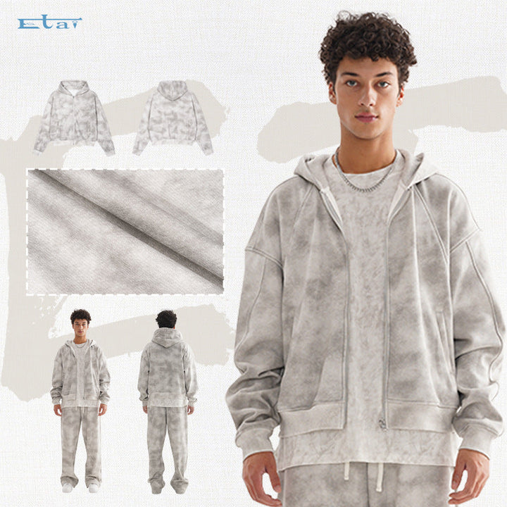 Unisex Short Cut Zip Hoodie made of French Terry with Cloud Dye Effect and Raglan Seams Hudson & Parker