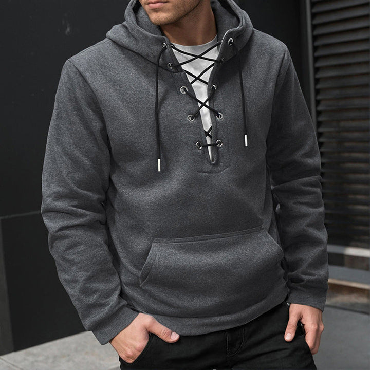 Men's hoodie in casual look with V-lacing, kangaroo pocket and ribbed cuffs Hudson & Parker