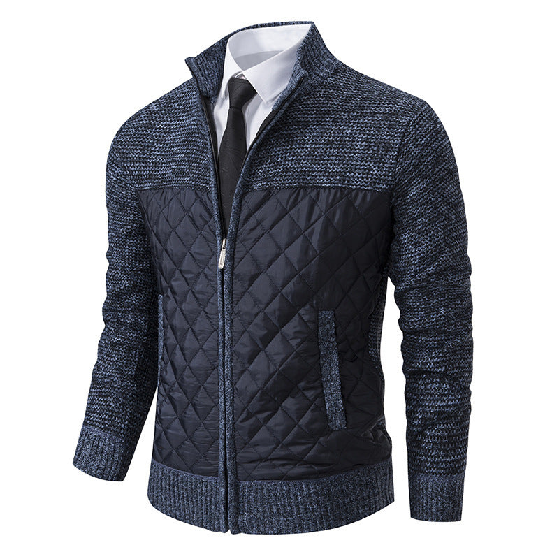 Men's hybrid knit jacket with quilted front panel, stand collar, and full zip Hudson & Parker