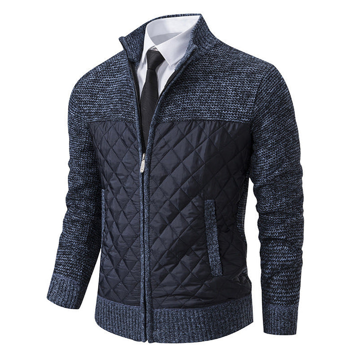 Men's hybrid knit jacket with quilted front panel, stand collar, and full zip Hudson & Parker