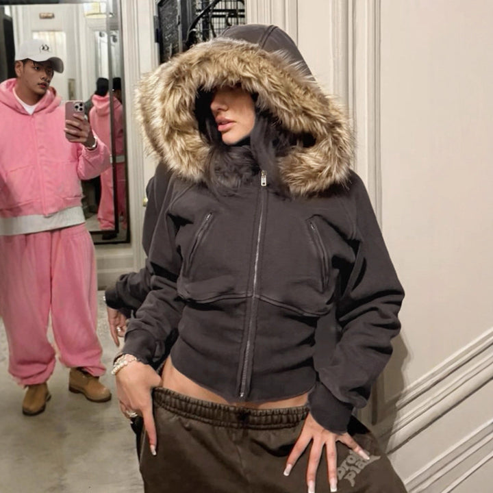 Women's short cut hoodie with faux fur hood, zipper and fitted cuff Hudson & Parker