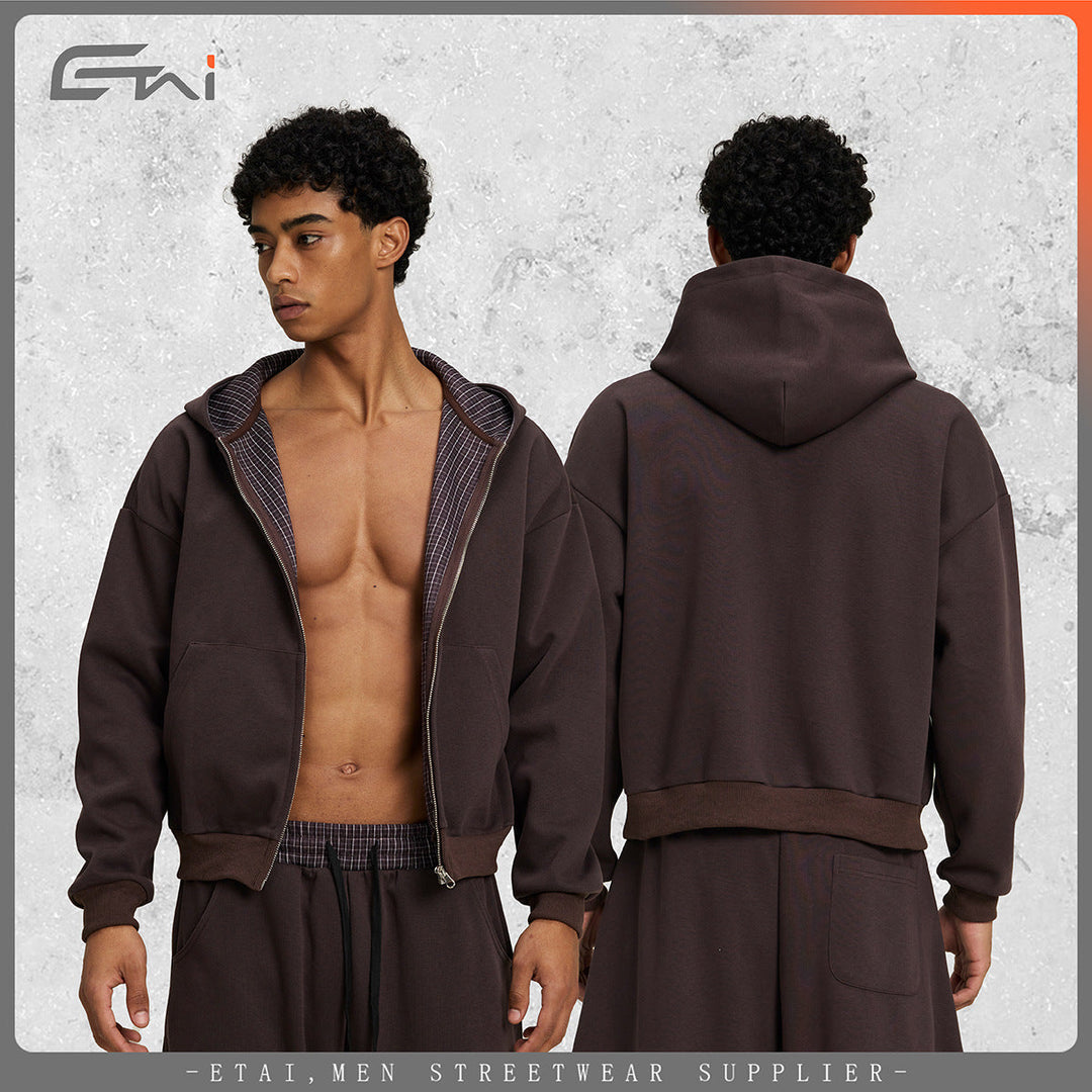 Unisex Short Cut Oversized Hoodie Jacket with Full Zipper, Checkered Lined Hood and Kangaroo Pocket Hudson & Parker