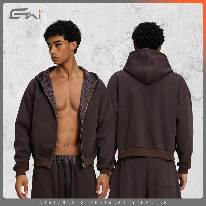 Unisex Short Cut Oversized Hoodie Jacket with Full Zipper, Checkered Lined Hood and Kangaroo Pocket Hudson & Parker