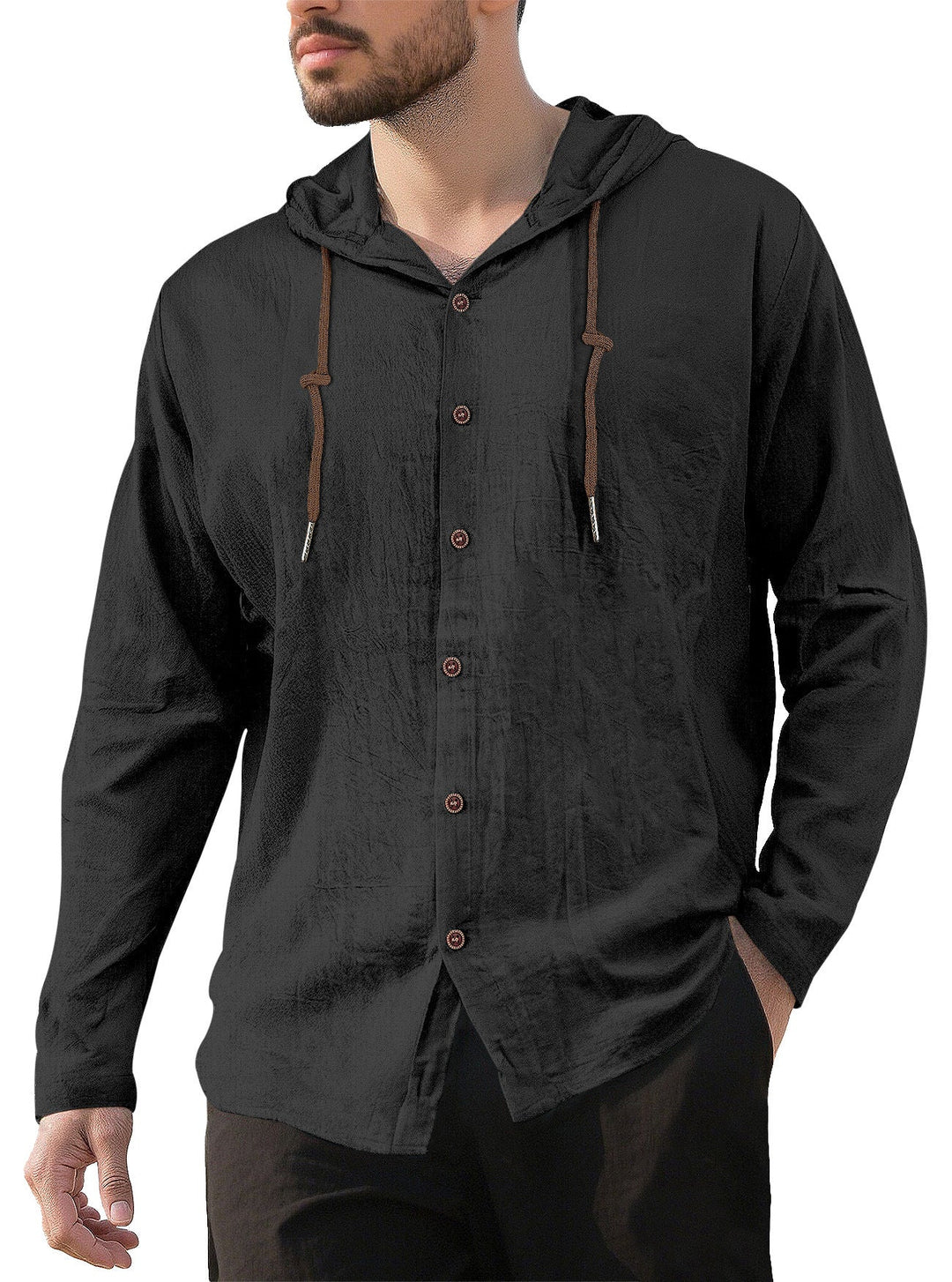 Men's textured linen blend hooded shirt with button placket, wood buttons, and side slits Hudson & Parker