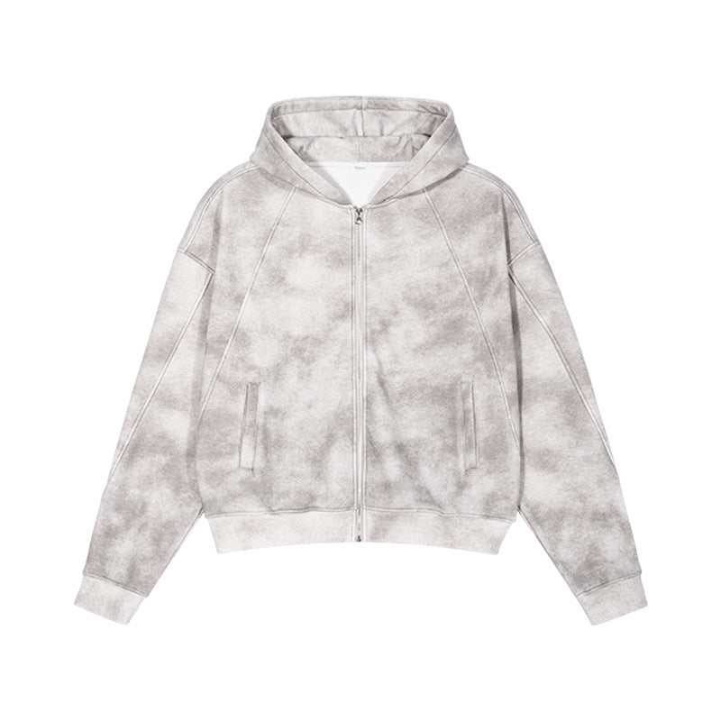 Unisex Short Cut Zip Hoodie made of French Terry with Cloud Dye Effect and Raglan Seams Hudson & Parker