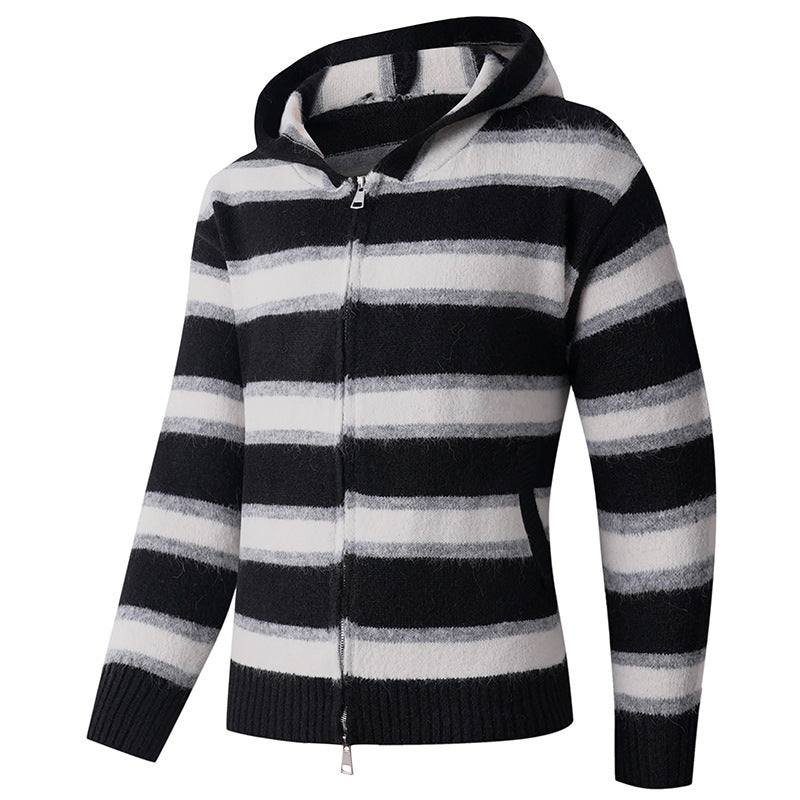 Men's Fluffy Hooded Cardigan with Double Zipper, Ribbed Cuffs and Horizontal Striped Pattern Hudson & Parker