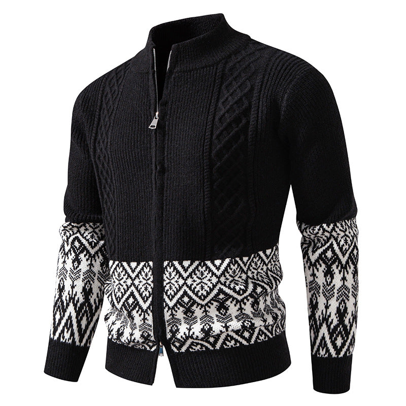 Men's High-Quality Norwegian Zip Cardigan with Cable Pattern and Stand-Up Collar Hudson & Parker